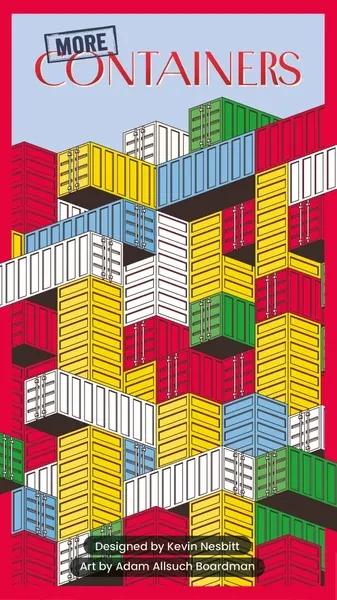 A board game titled "More Containers Expansion" in large, red font across the top of the cover that is matched by a bold red border around the outside.  The art features a grey-blue sky and a Tetris-esque stack of containers rising higher than is probably OSHA compliant.