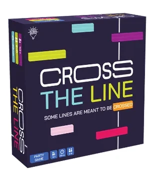 A board game titled "Cross the Line" in white, blue, and yellow font across the center of the primarily purple box.  The artwork features dispersed streaks of color and a horizontal line that cuts from top to bottom through the word 'line; in the title.