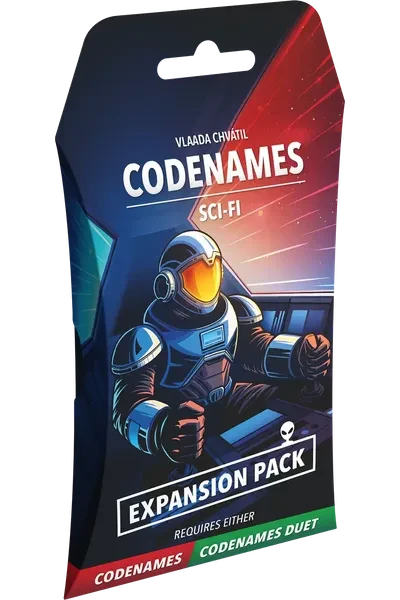 A board game titled "Codenames: Sci-Fi Expansion Pack" in white font across the top and bottom of the cover.  The art features a blue and red illustration of an astronaut in chunky, futuristic armor piloting a vehicle.  The outside world is colored by a red glow and streaks of motion.