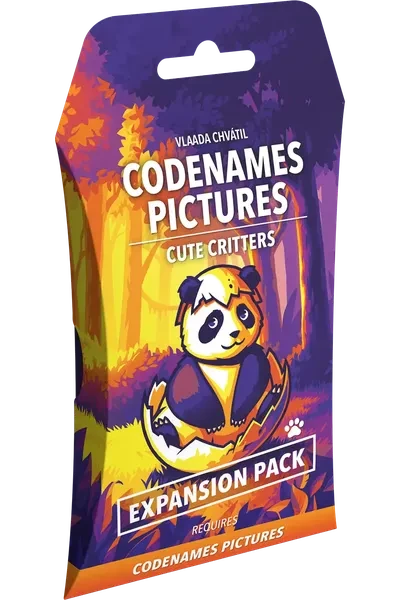 A board game titled "Codenames: Pictures - Cute Critters Expansion Pack" in white font across the top and bottom of the cover.  The art features a yellow and purple illustration of a panda hatching out of a very large, chicken-like egg in the clearing of a forest.
