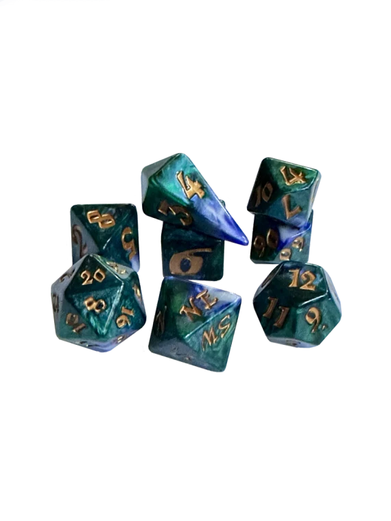 A set of 8 polyhedral dice, with 7 of the standard varying side ranges and 1 compass die with sides representing the 4 cardinal directions.  Each features opaque, sparkly, blue and green swirled resin and golden numerals.