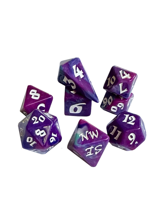 A set of 8 polyhedral dice, with 7 of the standard varying side ranges and 1 compass die with sides representing the 4 cardinal directions.  Each features opaque, sparkly, purple, blue and green swirled resin and white numerals.