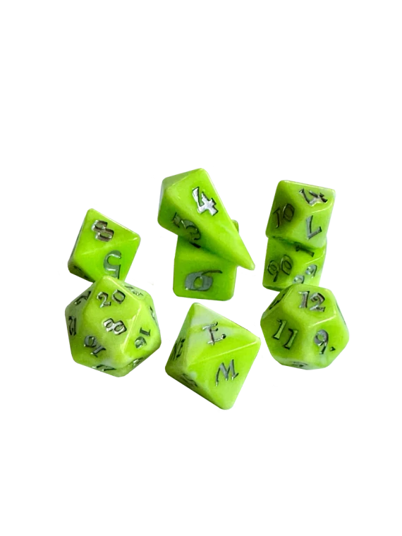 A set of 8 polyhedral dice, with 7 of the standard varying side ranges and 1 compass die with sides representing the 4 cardinal directions.  Each features opaque, sparkly, yellow and green swirled resin and silver numerals.