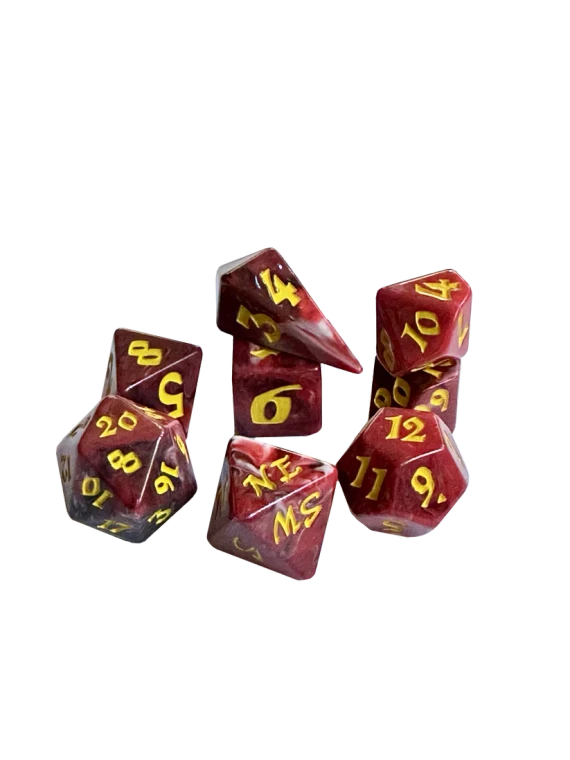 A set of 8 polyhedral dice, with 7 of the standard varying side ranges and 1 compass die with sides representing the 4 cardinal directions.  Each features opaque, red and white swirled resin and yellow numerals.