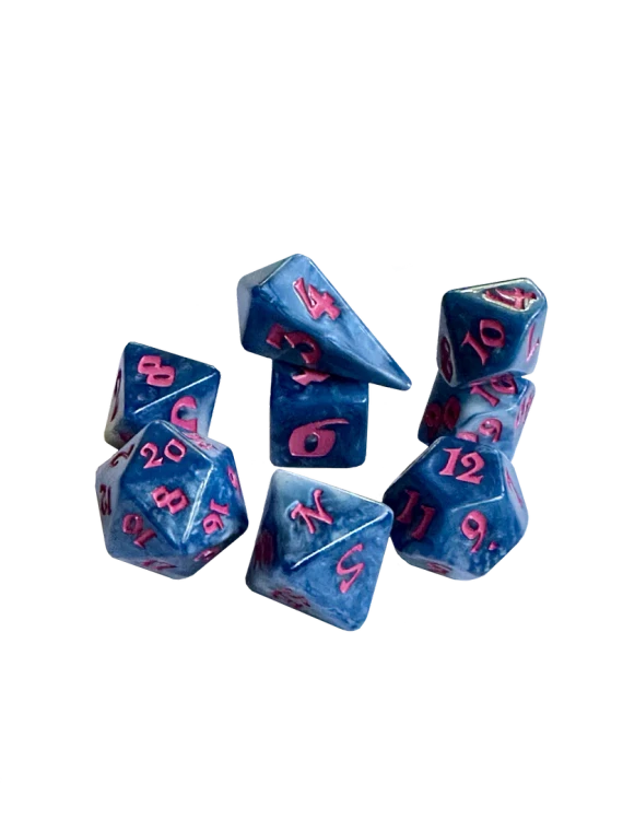 A set of 8 polyhedral dice, with 7 of the standard varying side ranges and 1 compass die with sides representing the 4 cardinal directions.  Each features opaque, sparkly, blue swirled resin and pink numerals.