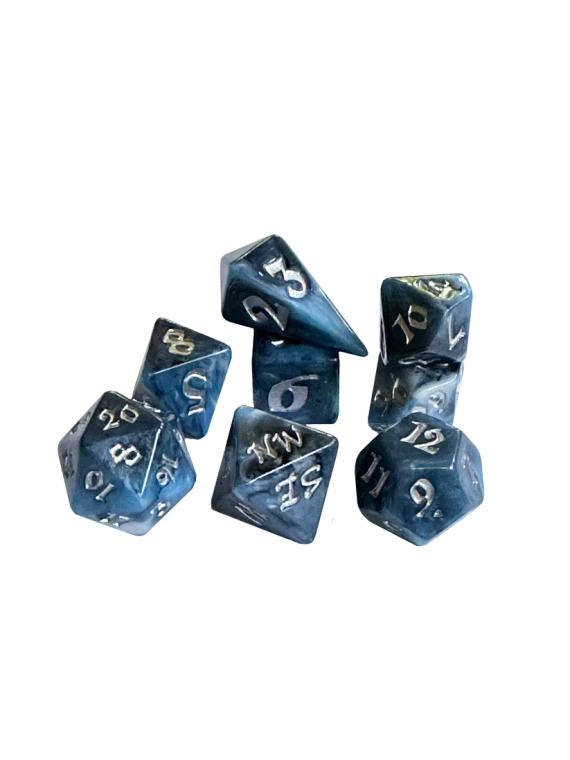 A set of 8 polyhedral dice, with 7 of the standard varying side ranges and 1 compass die with sides representing the 4 cardinal directions.  Each features opaque, sparkly, blue and black swirled resin and silver numerals.