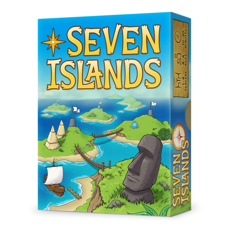 A board game titled "Seven Islands" in gold lettering across the top of the cover.  The art features a cartoon depiction of Easter island, with bright blue waters, patches of small, green islands, and a large, grey statue's head that depicts a stylize human form.