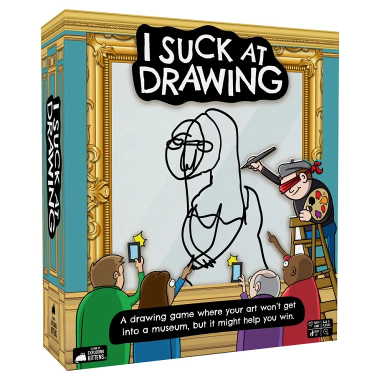 A board game titled “I Suck at Drawing” in large, uneven lettering at the top of the cover.  The art features a cartoon of a crowd of people gathered around a large canvas with an ornate, golden frame - their phones raised and pointing hands - as a blindfolded artist on a ladder draws what might be a bald Mona Lisa.