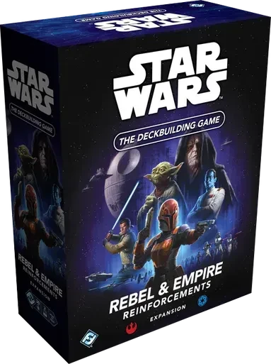 A board game titled “Star Wars: The Deckbuilding Game - Rebel & Empire Reinforcements” across the top and bottom of the cover.  The background is primarily blue and black, and the central image features a display of characters: a cloaked elderly man, a green elderly man with long ears, a tan man with a small ponytail and blue sword made of light, a blue man with dark hair and a white suit, and a woman entirely clad in armor with a t-shaped viewing visor and a gun in each of her hands.