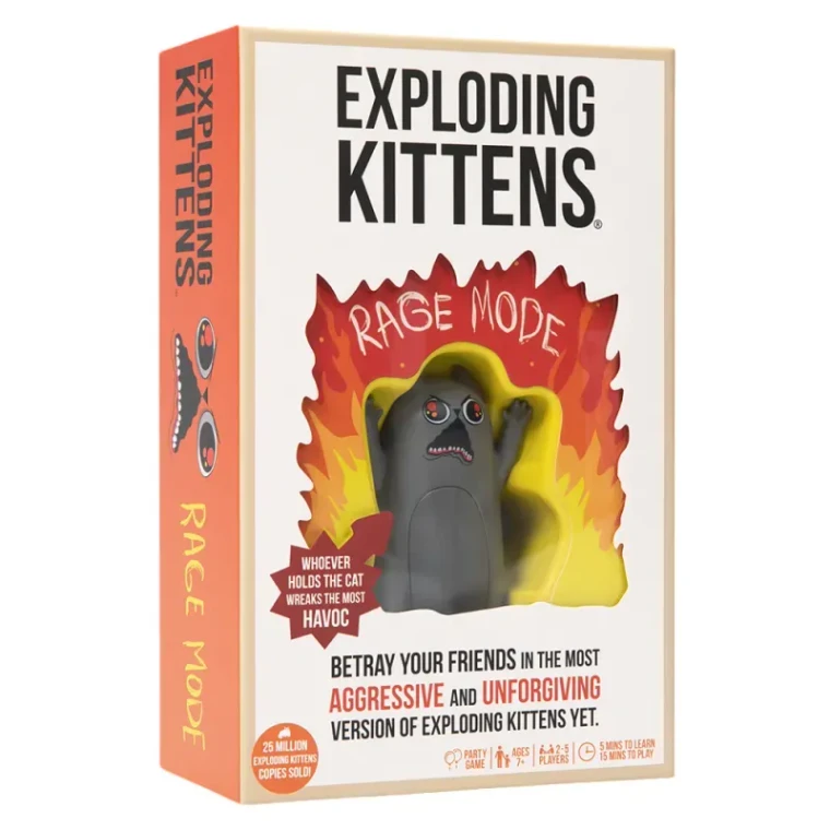 A board game titled “Exploding Kittens: Rage Mode” across the top and middle sections of the box.  The background is largely beige, and in the center is a plastic window shaped like a blazing fire with multiple tiers of color that lead to an alcove where a squishy, grey cat figurine is stored.  It stands on hind legs with little paws upstretched and its face is a picture of rage: its mouth is open and wobbly, brows furrowed, and eyes filled with red light.  On one of the fiery tiers is the second half of the title - ‘Rage Mode’ - in scratchy, handwritten white font.
