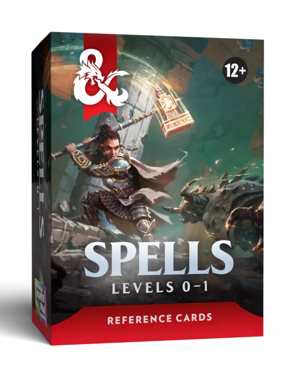 A n RPG supplemental product titled "Dungeons & Dragons Reference Cards: Spells - Levels 0-1" across the bottom of the cover.  The art features a dwarf lady in scale mail armor swinging a large hammer at a spikey critter rushing toward her.
