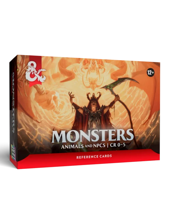 An RPG supplemental product titled "Dungeons & Dragons Reference Cards: Monsters - Animals & NPCs" across the bottom of the cover.  The art features an elderly, pale skinned person dressed in tattered robes and horns standing before a fiery portal through which a similarly horned demon emerges.