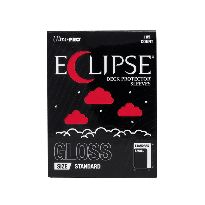 A trading card game sleeve box with the words "Eclipse Deck Protector Sleeves" in white font at the top of the otherwise black cover.  The 'c' is shaped like a crescent moon, and little cloud punch-outs across the rest of the cover reveal the apple red sleeves within.
