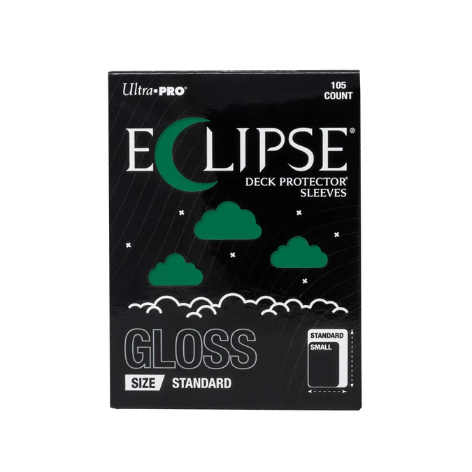 A trading card game sleeve box with the words "Eclipse Deck Protector Sleeves" in white font at the top of the otherwise black cover.  The 'c' is shaped like a crescent moon, and little cloud punch-outs across the rest of the cover reveal the forest green sleeves within.