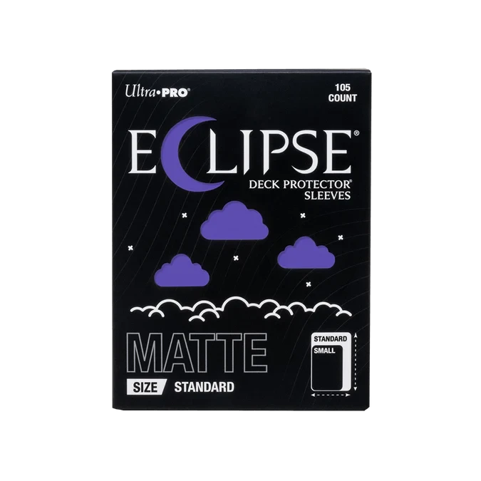 A trading card game sleeve box with the words "Eclipse Deck Protector Sleeves" in white font at the top of the otherwise black cover.  The 'c' is shaped like a crescent moon, and little cloud punch-outs across the rest of the cover reveal the purple sleeves within.