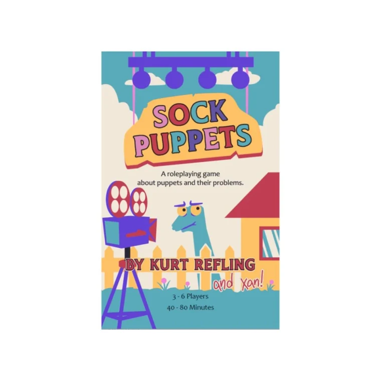An RPG titled "Sock Puppets" in colorful lettering across a hanging sign at the top.  Below is a lineless, cartoon cover featuring the set of a children's show and a frustrated-looking sock puppet.