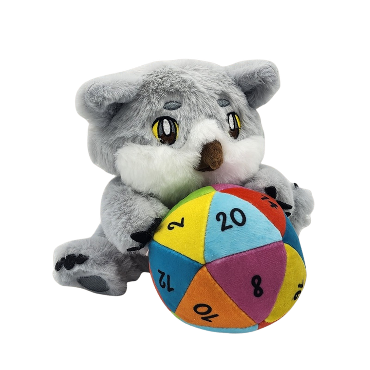 An Owlbear plush - a creature that is a cross between and owl and a bear from Dungeons & Dragons - with grey and white fur and that is holding a large, rainbow 20 sided die.