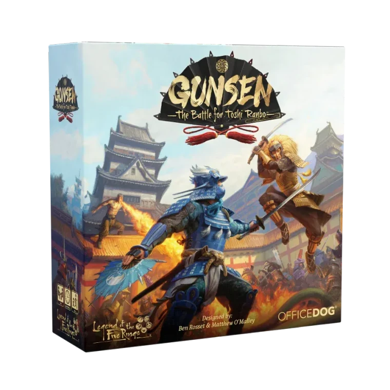 A board game titled “Gunsen: The Battle for Toshi Ranbo” across the top with artwork featuring Japanese-inspired architecture and warriors battling in a courtyard.
