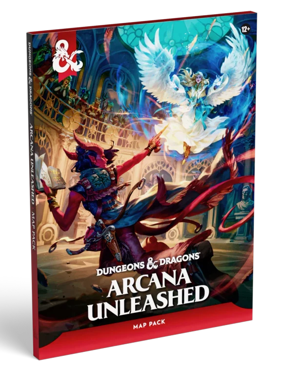 An RPG product titled "Dungeons & Dragons: Arcana Unleashed - Map Pack" across the bottom of the cover.  The art features a tiefling - a demon-like being with red skin, horns, and a long tail - holding a glowing tome and pointing a want up toward an angelic being clad in blue and gold robes, flying on white wings, and surrounded in glowing blue energy.  Both battle in a sunken arena, where people watch from above.
