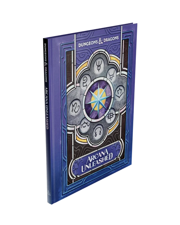 An RPG book titled “Dungeons & Dragons: Arcana Unleashed” in light, whimsical font across the top and the bottom of the cover.  The art features curving designs and framing intended to resemble a wizard’s tome with a central purple gemstone inlay and a blue star in the middle of that.  Around it are cloud-like stone inlays with circles where the bends are, each with a rune in the center.