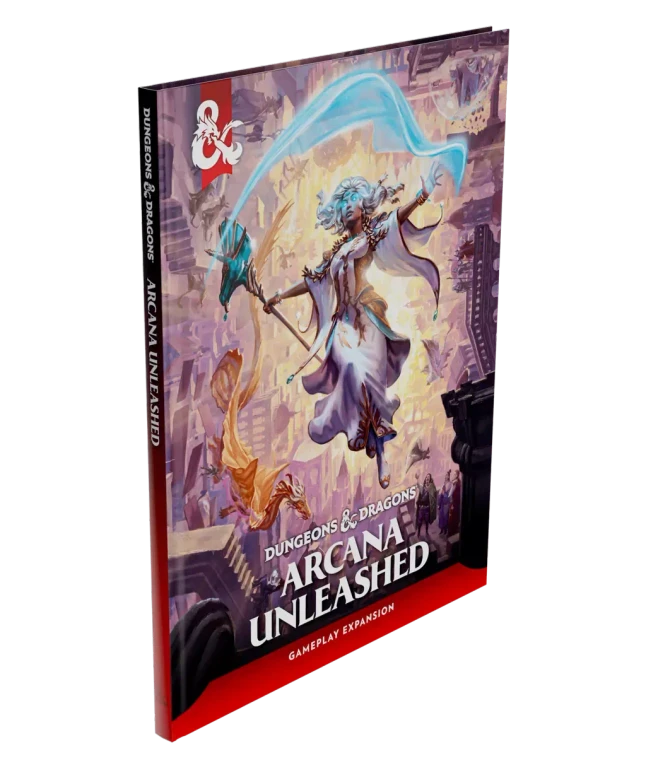 An RPG book titled “Dungeons & Dragons: Arcana Unleashed” in white font across the bottom of the cover.  The art above features a woman with tan skin and flowing white hair suspended around her like she’s in water.  She has glowing white eyes, a gold and white robe with scales along the trim of the attached cloak, and a golden staff in one hand.  She floats above a city that seems to twist upon itself around her, and two dragons circle behind.