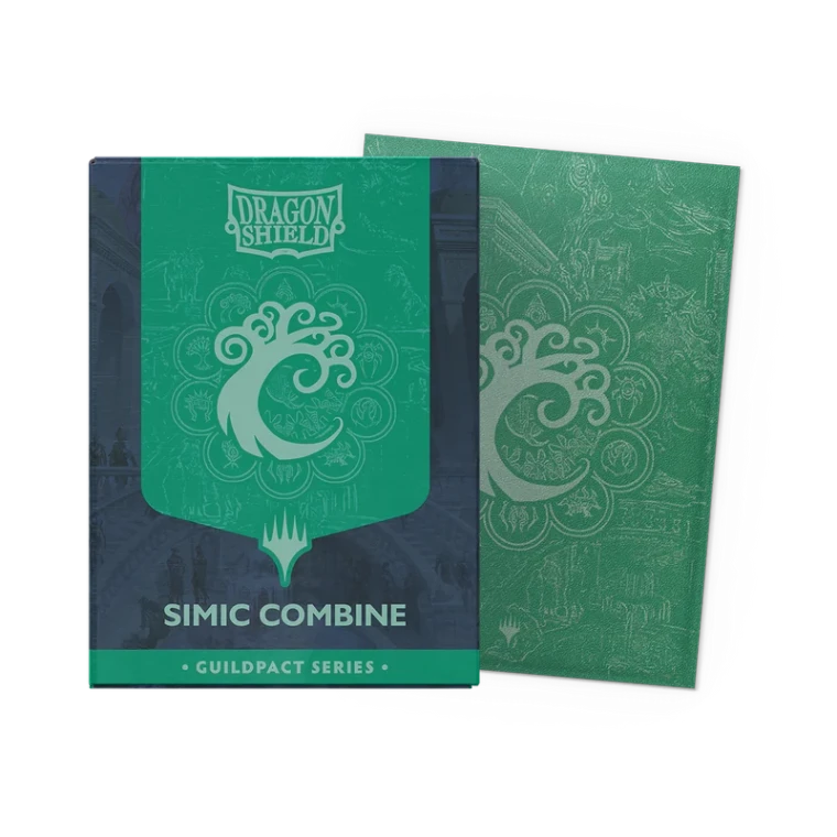 A set of card sleeves titled 'Dragon Shield: Simic Combine - Guildpact Series' across the top and bottom.  The cover features a light green tree emblem in a green tapestry atop a dark blue background.  To the side is an example sleeve: green, with the same tree emblem in the center.