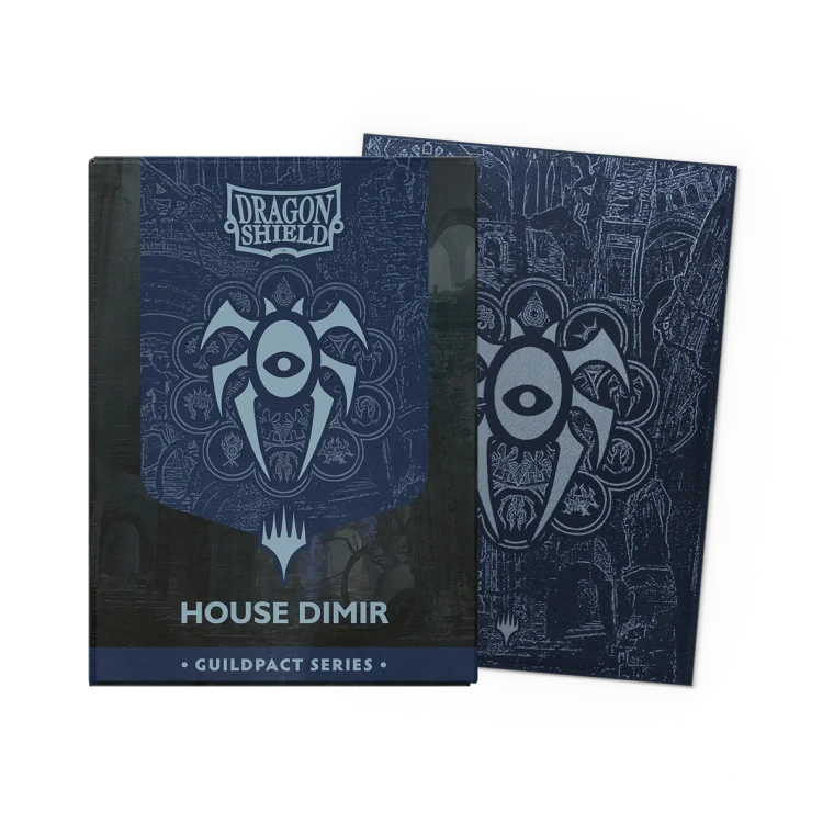 A set of card sleeves titled 'Dragon Shield: House Dimir - Guildpact Series' across the top and bottom.  The cover features a silver beetle emblem in a blue tapestry atop a black background.  To the side is an example sleeve: blue, with the same beetle emblem in the center.