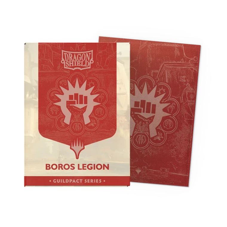 A set of card sleeves titled 'Dragon Shield: Boros Legion - Guildpact Series' across the top and bottom.  The cover features a golden fist emblem in a red tapestry atop a white background.  To the side is an example sleeve: red, with the same fist emblem in the center.