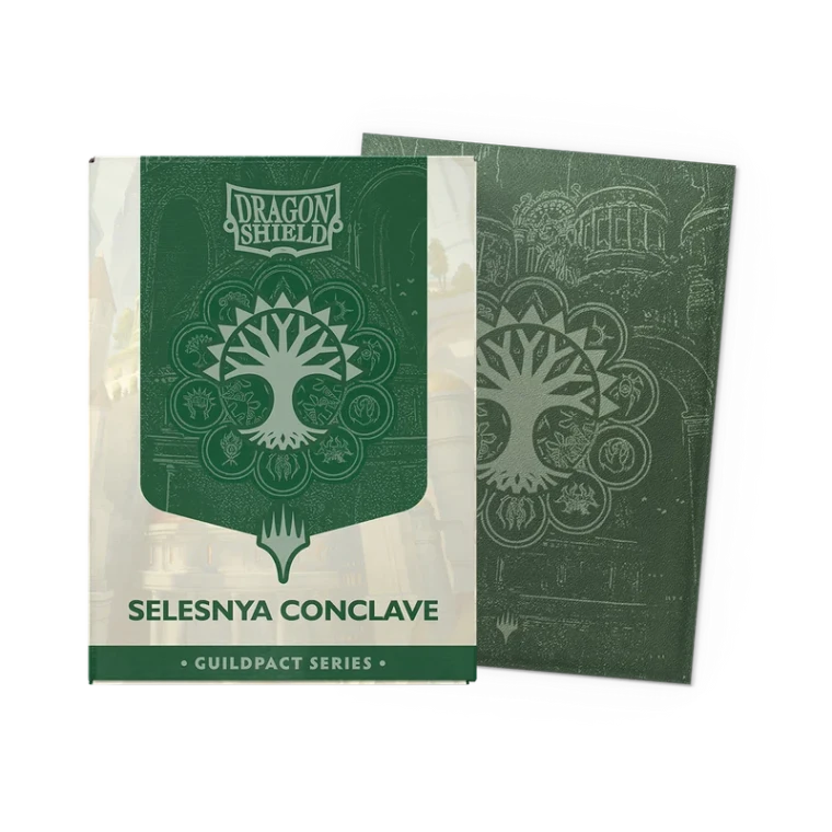 A set of card sleeves titled 'Dragon Shield: Selesnya Conclave - Guildpact Series' across the top and bottom.  The cover features a silver tree emblem in a green tapestry atop a white background.  To the side is an example sleeve: green, with the same tree emblem in the center.