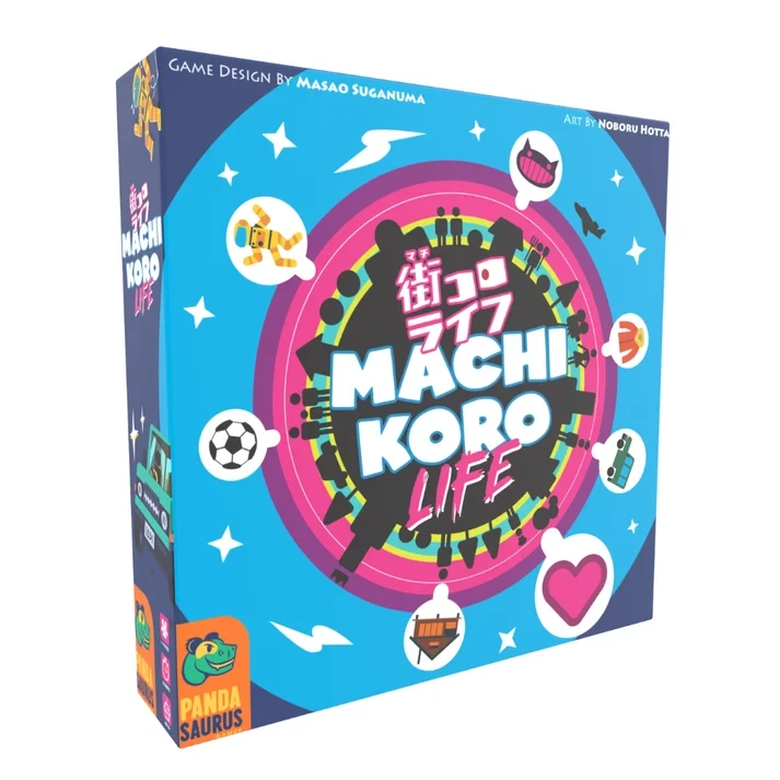A board game titled "Machi Koro Life" in the center of the cover.  The first half of the title is in large, white font, and the second half is in large, pink paint strokes.  Around the title is a black sphere surrounded in the silhouette of a city, and around that are several rings of pink, yellow, green, and blue.  The outer edges of the cover are light blue, and each corner is dark blue.