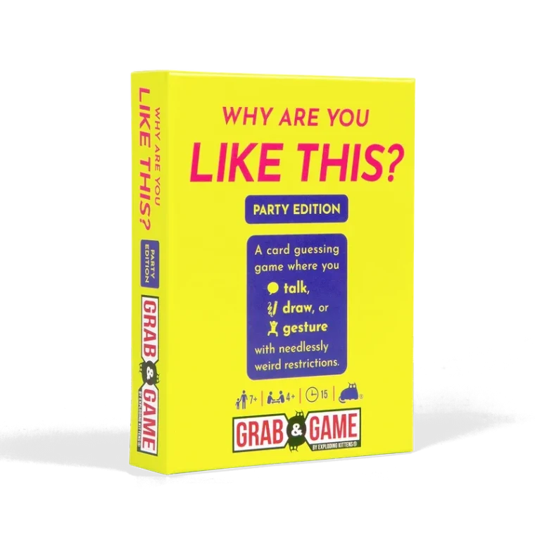 A board game titled “Why Are You Like This? - Party Edition” across the top of the lemon yellow cover.  Below is a dark blue text box that reads, “a card guessing game where you talk, draw, or gesture with needlessly weird restrictions.”