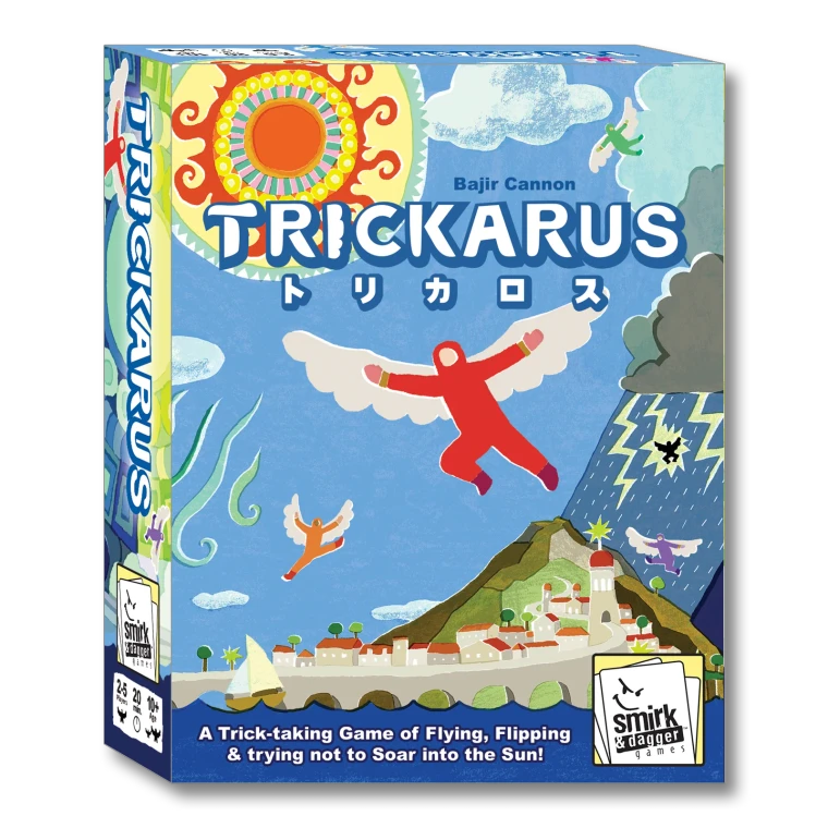 A board game titled "Trickarus" in white font across the top of the cover.  The art features highly stylized illustrations of a sky over a white plaster and terracotta-roofed city.  In the center is a person wearing a full-body orange jumpsuit with a hood, and a pair of large, white wings strapped to their arms.
