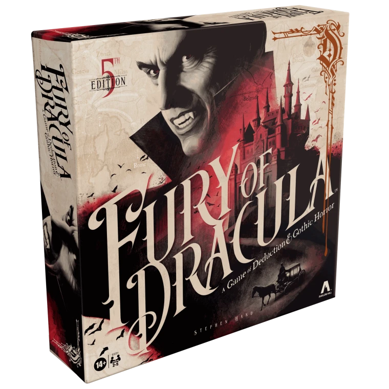 A board game titled “Fury of Dracula” in large, off-white gothic font in a diagonal across the center of the box.  The art features a parchment- patterned background with a black and white image of a vampire with a high, upright collar and a gothic castle bathed in red.  At the bottom is a small, horse drawn carriage climbing a winding path to said castle.