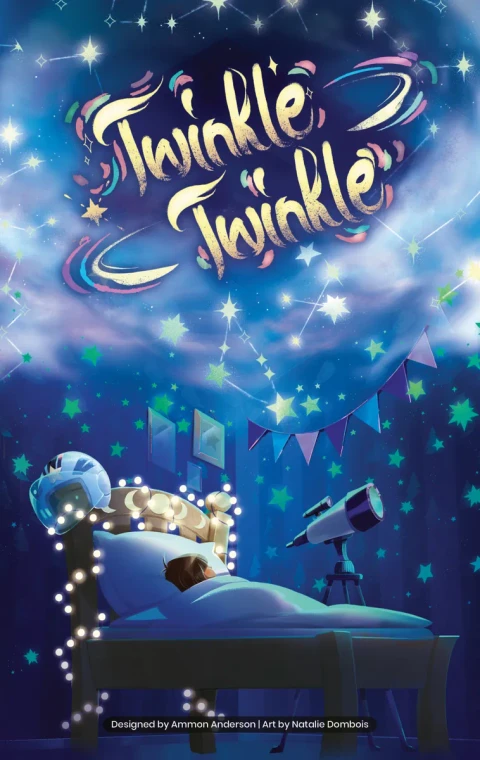 A board game titled "Twinkle Twinkle" in large yellow font designed to look like paint strokes.  The art below features an illustration of a child asleep in bed with a headboard wrapped in fairy lights and a space helmet on one post.  Above is a flowing night sky with golden stars.