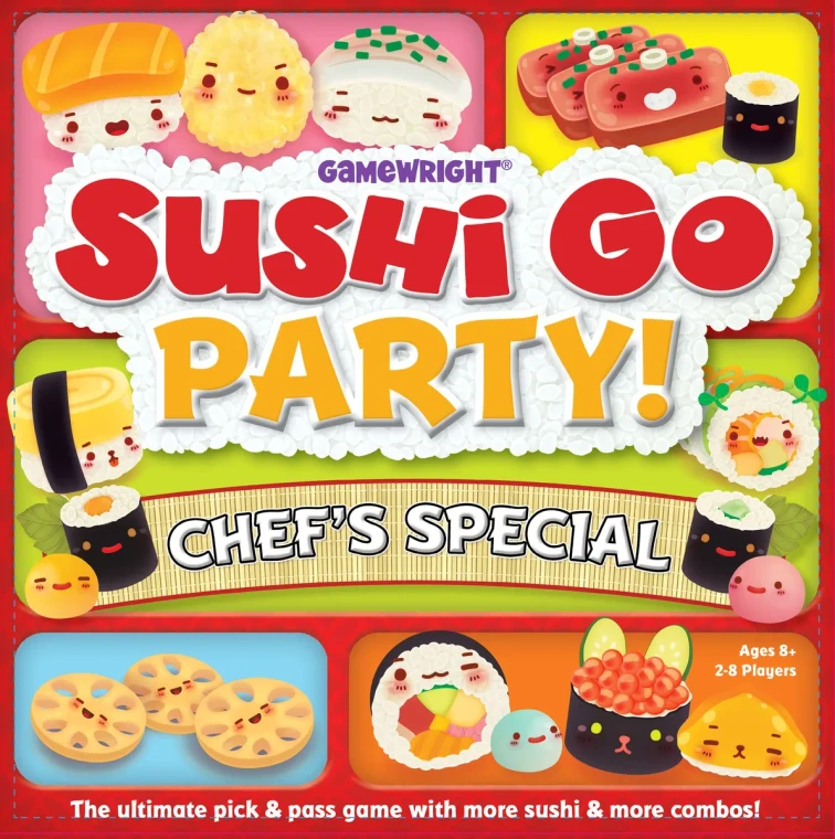 A board game titled "Sushi Go! Party - Chef's Special" in large font across the center of the box.  The art around it features a cartoon display of the inside of a bento box, with each sushi roll sporting a tiny cartoon face.