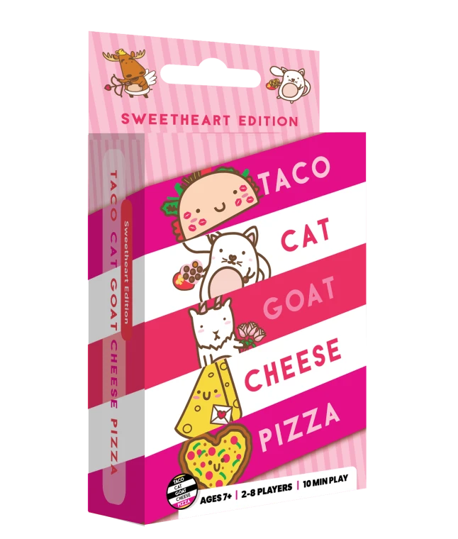 A board game titled "Taco Cat Goat Cheese Pizza" in separate diagonal lines colored pink and white in an alternating pattern down the front of the box.  Beside each word is a small cartoon representation of them.  The words "Sweetheart Edition" are written from the light pink, striped hangtag.