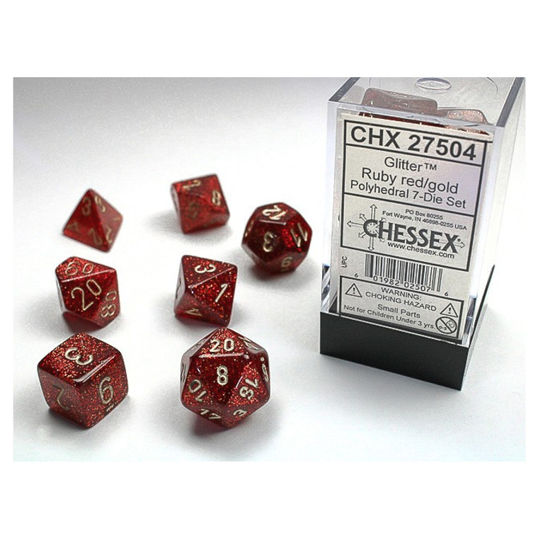 Chessex Dice - 7 Set RPG - 27504 - glittery ruby red with gold