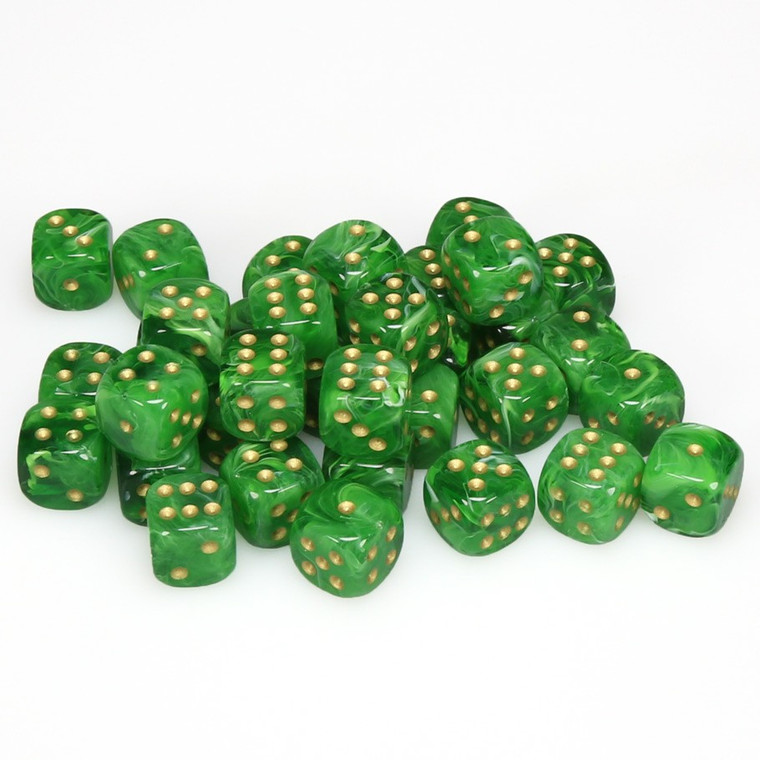 Chessex Dice - 36 Set of d6 dice block - 27835 - cortex green and gold