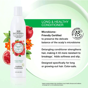 Biotera Long & Healthy Shampoo strengthens hair. Biotera is Microbiome Friendly certified. For a healthy scalp, resulting in healthy hair use Biotera that is proven to preserve the delicate balance of the scalp's Micriobiome. 