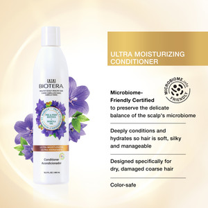 Biotera Ultra Moisturizing Replenishing Conditioner strengthens hair. Biotera is Microbiome Friendly certified. For a healthy scalp, resulting in healthy hair use Biotera that is proven to preserve the delicate balance of the scalp's Micriobiome. 