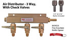 3 Way CO2 Manifold with Integrated Check Valves and MFL Fittings - (3) 1/4" Barbs - (3) 5/16" Barbs - (3) Swivel Nuts - White Washers - Bonus Kegconnection Keychain Bottle Opener