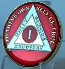 Bright Star Press 1 Year Mandarin Red Gold & Nickel Tri-Plate AA Alcoholics Anonymous Sobriety Medallion Chip Serenity Prayer