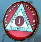 Bright Star Press 1 Year Mandarin Red Gold & Nickel Tri-Plate AA Alcoholics Anonymous Sobriety Medallion Chip Serenity Prayer