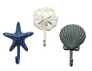 Midwest-CBK Sea Treasures Wall Hooks - Set of 3 - Antique Weathered Hangers for Coats, Aprons, Hats, Towels, Pot Holders - Scallop, Sand Dollar, Sea Star / Starfish