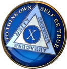 Bright Star Press 10 Year Midnight Blue AA Alcoholics Anonymous Medallion Chip Tri Plate Gold & Nickel Plated Serenity Prayer