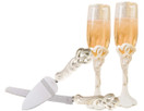 Fashioncraft Vintage Double Heart Design Wedding Cake Knife And Server Set with Toasting Glass Flute Set, Ivory