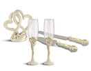 Fashioncraft Wedding Reception Cake Topper Centerpiece with Knife and Server Set 2549 and Toasting Flute Glasses 2509 (Vintage Double Heart)