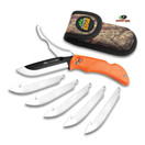 Outdoor Edge RazorPro - Double Blade Folding Hunting Knife with Replaceable Razor Blade,  Gutting Blade and Camo Nylon Sheath (Orange, 6 Blades)