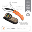 Outdoor Edge RazorPro - Double Blade Folding Hunting Knife with Replaceable Razor Blade,  Gutting Blade and Camo Nylon Sheath (Orange, 6 Blades)