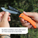 Outdoor Edge RazorPro - Double Blade Folding Hunting Knife with Replaceable Razor Blade,  Gutting Blade and Camo Nylon Sheath (Orange, 6 Blades)